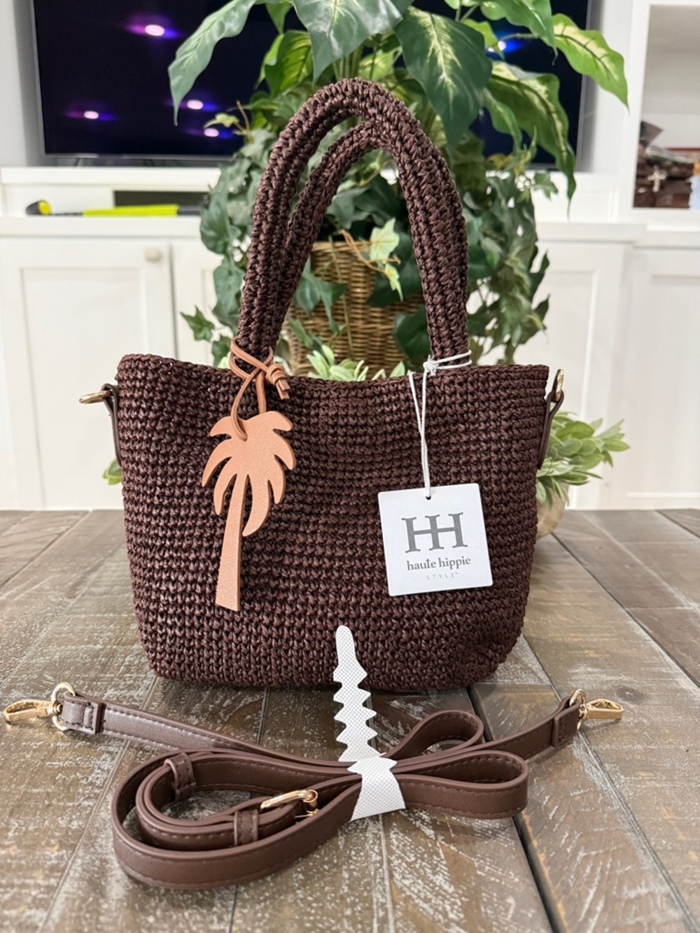 Haute Hippie NWT Chocolate Woven Tote Bag Palm Tree Charm Crossbody
